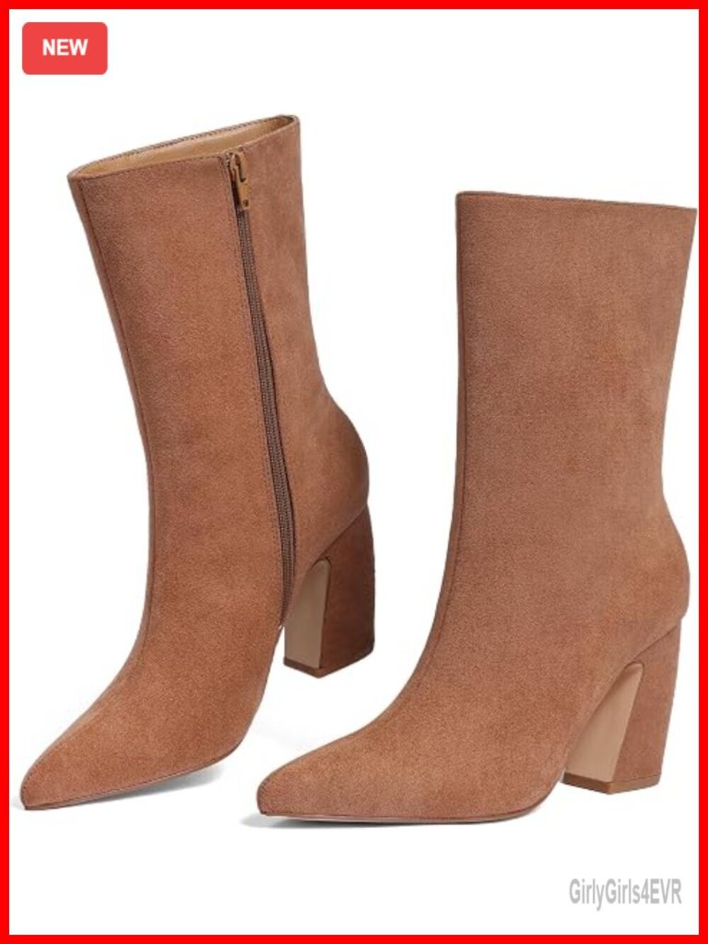 Faux Suede Pointed Toe Ankle Booties with Chunky Heel Block Heel Zip Closure